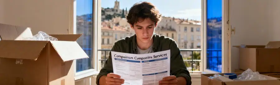 Un étudiant comparant les offres de déménagement dans un appartement à Marseille, avec des cartons et des fournitures éparpillés.