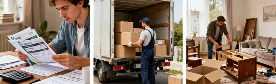 Personnes comparant des formules de déménagement à Meudon, documents et cartons en arrière-plan.