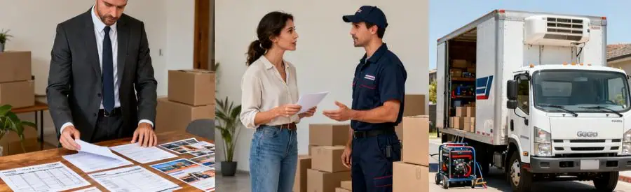 Personnages analysant différentes formules de déménagement économique et premium dans la Meuse.