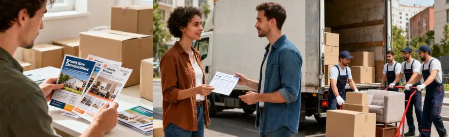 Comparaison de formules de déménagement dans la Nièvre avec brochures, camion et déménageurs en action.