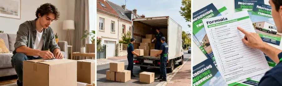 Comparaison Formules Deménagement Pas De Calais Personne préparant des cartons, déménageurs dans un camion, consultation de brochures sur les formules.