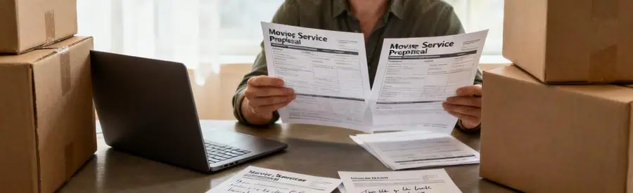 Comparaison Offres Demenagement Agen Personne comparant plusieurs propositions de déménagement à Agen sur une table avec des documents.