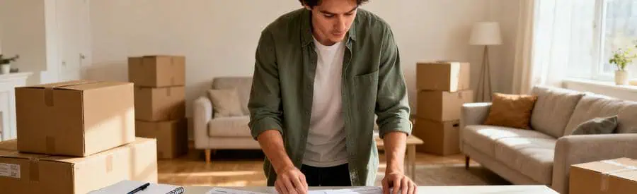 Comparaison Offres Demenagement Agen Personne examinant plusieurs devis de déménagement à Agen sur une table, ambiance sereine.