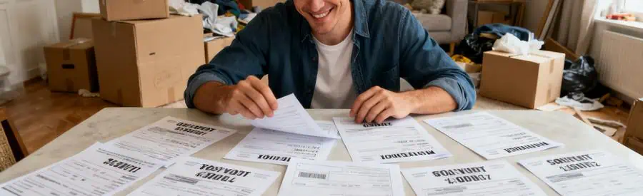 Personne comparant plusieurs offres de déménagement à Alençon, expression de concentration dans un environnement préparant un déménagement.