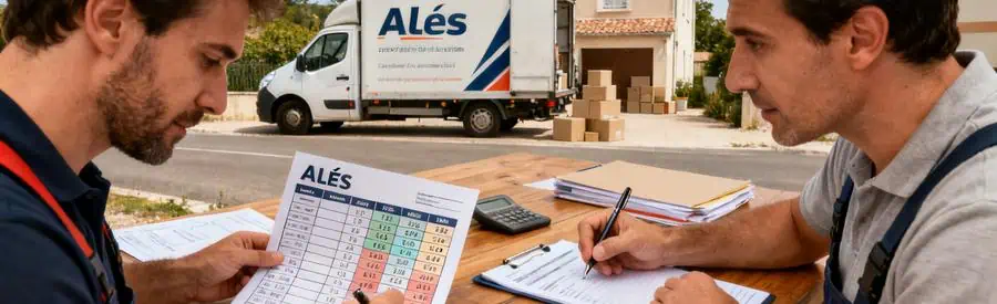 Professionnels comparant leurs offres de déménagement dans un cadre convivial à Alès.