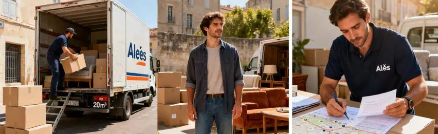 Trois scénarios illustrant différentes options de déménagement à Alès, local, longue distance et sur mesure.