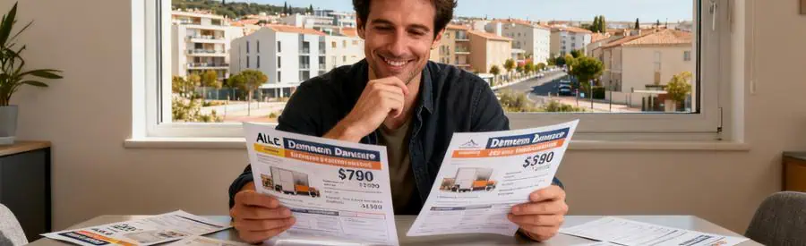 Personne comparant plusieurs offres de déménagement à Alès sur une table avec des documents.