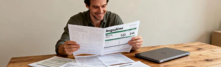 Homme comparant plusieurs offres de déménagement à Angoulême, documents organisés sur la table.