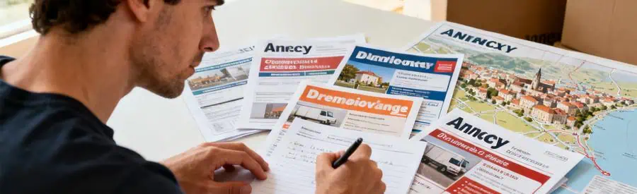 Personne comparant plusieurs offres de déménagement à Annecy, avec des documents sur une table.