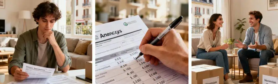 Triptyque montrant la comparaison d'offres de déménagement à Annecy avec des documents et des couples discutant.