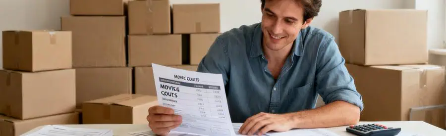 Personne comparant plusieurs offres de déménagement à Annecy avec cartons en arrière-plan.