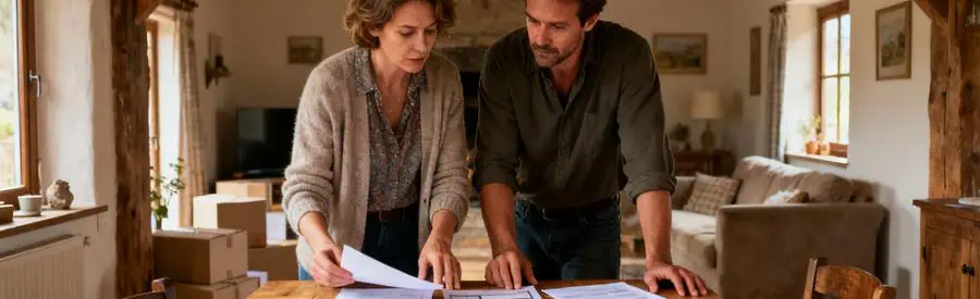 Comparaison Offres Demenagement Ardennes Couple analysant des offres de déménagement dans une maison ardennaise typique.