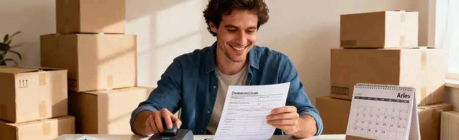 Personne examinant un formulaire avec des informations de déménagement à Arles, ambiance organisée et souriante.