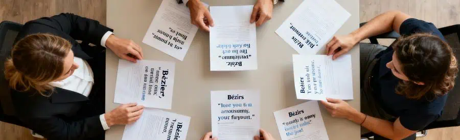 Trois personnes examinant des documents avec des offres de déménagement à Béziers, créant une atmosphère de comparaison.