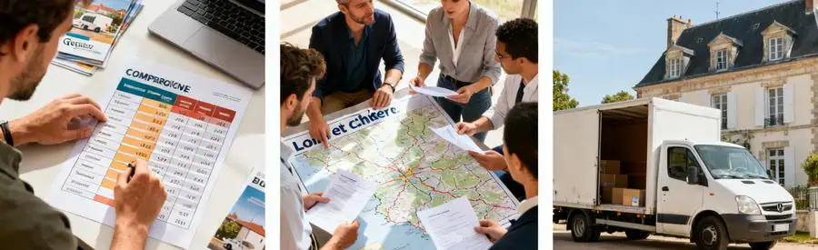Comparaison Offres Demenagement Blois Comparaison des tarifs de déménagement à Blois avec des professionnels, documents et camion en arrière-plan.
