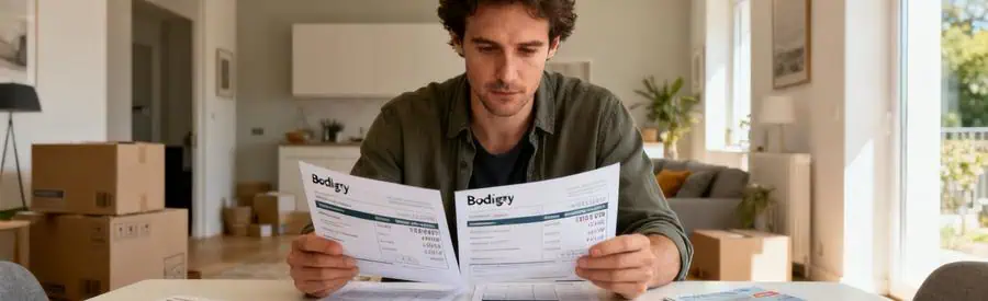 Personne examinant plusieurs offres de déménagement à Bobigny, documents étalés sur une table.