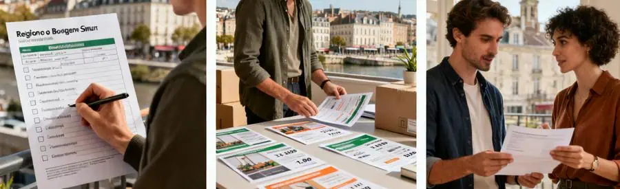 Illustration du processus de comparaison des offres de déménagement à Boulogne-sur-Mer, incluant un formulaire et des documents.