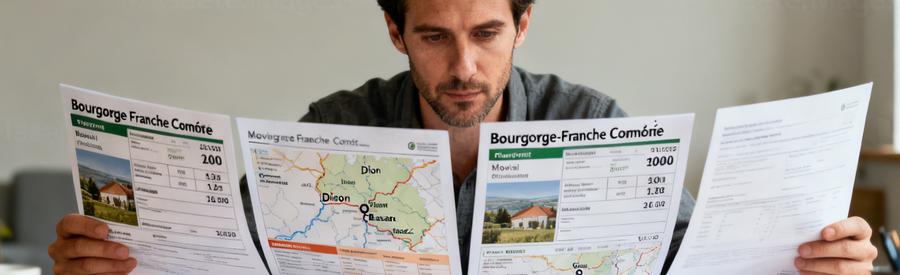 Personne comparant plusieurs offres de déménagement en Bourgogne-Franche-Comté sur une table.