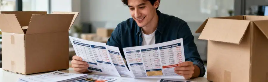 Comparaison Offres Demenagement Calvados Personne comparant plusieurs offres de déménagement dans un cadre organisé, mettant en avant l'importance de comparer.