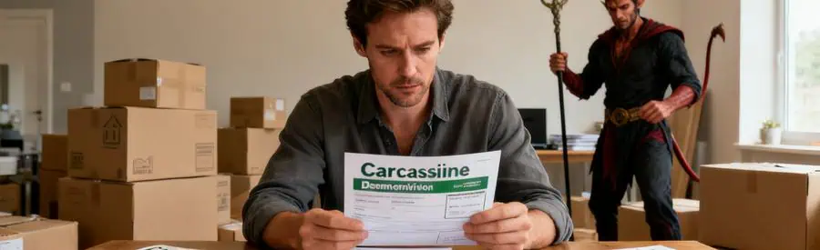 Homme comparant plusieurs offres de déménagement à Carcassonne, documents étalés sur une table.