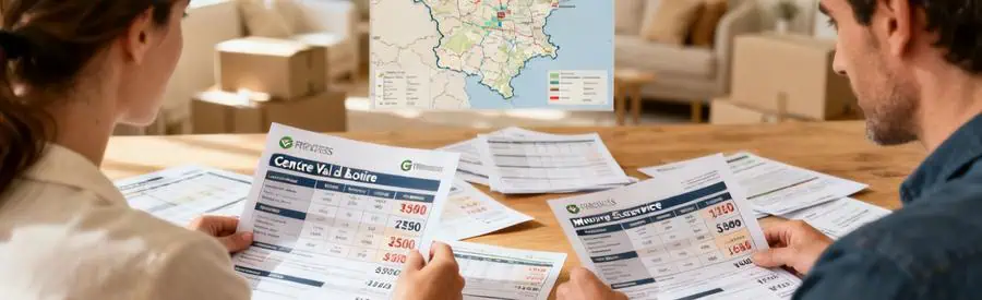 Personnes examinant des offres de déménagement avec un plan de la région Centre-Val de Loire en arrière-plan.