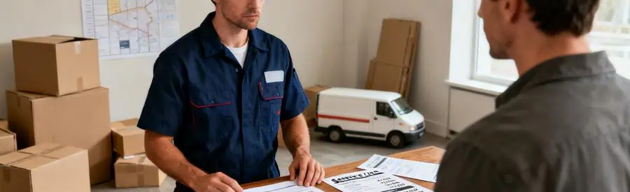 Personne comparant plusieurs offres de déménagement dans un bureau, soulignant l'importance de la comparaison.