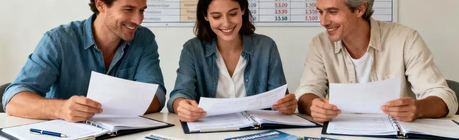 Personnes comparant plusieurs offres de déménagement à Chartres sur une table avec des documents.