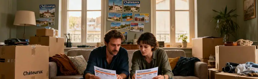 Couple comparant des offres de déménagement dans leur salon, avec des cartons entourant l'espace.