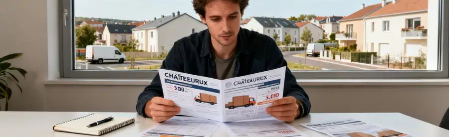 Personne examinant plusieurs offres de déménagement à une table, documents étalés et quartier de Châteauroux visible.