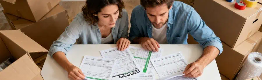 Couple examinant des devis de déménagement à Chaumont, entouré de cartons.