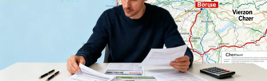 Personne examinant plusieurs offres de déménagement avec carte du Cher sur la table.