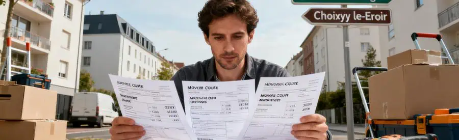 Personne comparant plusieurs offres de déménagement sur des documents papiers à Choisy-le-Roi.