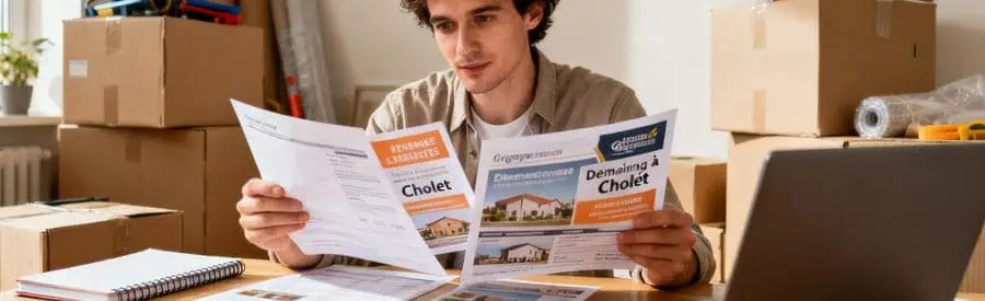 Personne examinant documents papier sur des offres de déménagement à Cholet, avec cartons et équipements.