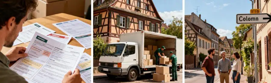 Comparaison Offres Demenagement Colmar Personne comparant des offres de déménagement, camion à Colmar, ambiance résidentielle.