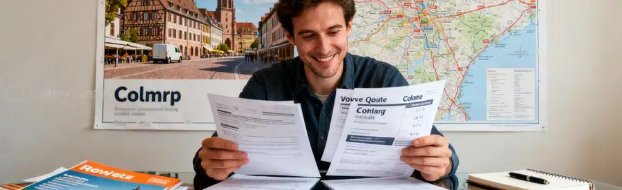 Comparaison Offres Demenagement Colmar Personne examinant plusieurs offres de déménagement sur une table, ambiance d'organisation à Colmar.