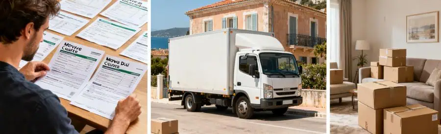 Triptyque illustrant la comparaison des offres de déménagement en Corse-du-Sud avec différents scénarios.