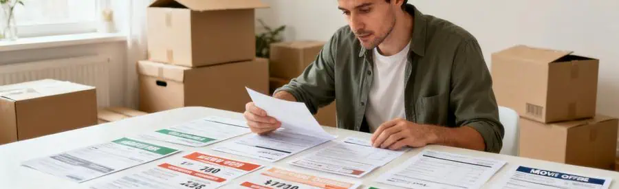 Personne examinant plusieurs offres de déménagement sur une table, comparant tarifs et prestations.