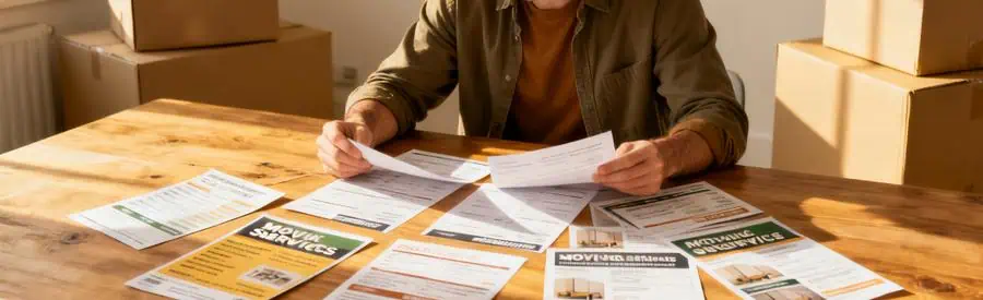 Personne examinant plusieurs offres de déménagement sur une table, avec des cartons en arrière-plan.
