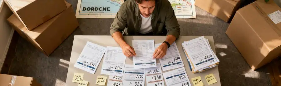 Personne comparant plusieurs offres de déménagement sur une table, avec documents et cartons.
