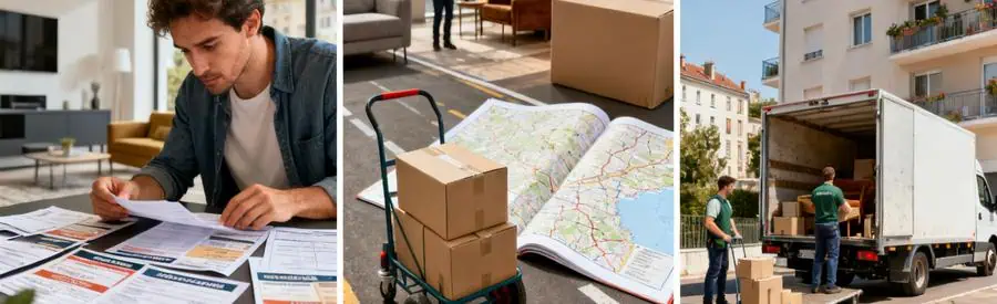 Personne comparant plusieurs offres de déménagement, camion et carte routière pour le Doubs.