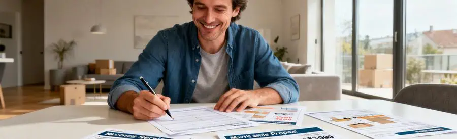 Comparaison Offres Demenagement Epinay Sur Seine Client examinant des documents de propositions de déménagement, illustrant la comparaison d'offres à Épinay-sur-Seine.