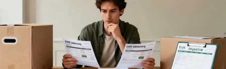 Personne comparant plusieurs offres de déménagement sur une table, illustrant la vérification des prix et formules dans l'Eure.