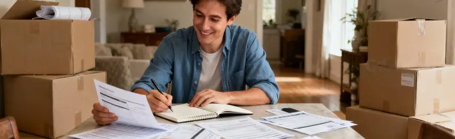 Personne comparant plusieurs offres de déménagement sur une table, cartons en arrière-plan.