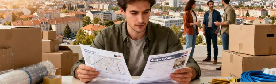 Personne examinant des offres de déménagement à Garges-lès-Gonesse, documentation sur les villes voisines.