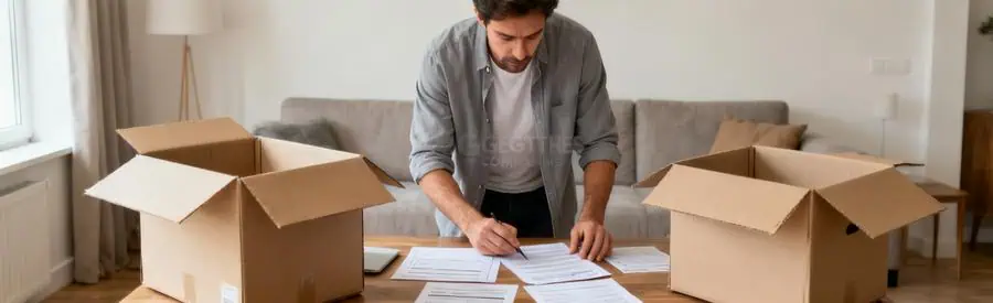 Homme comparant plusieurs offres de déménagement dans le Haut-Rhin avec des documents sur une table.
