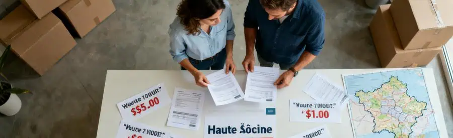 Homme et femme comparant plusieurs offres de déménagement pour la Haute-Saône, ambiance organisée.