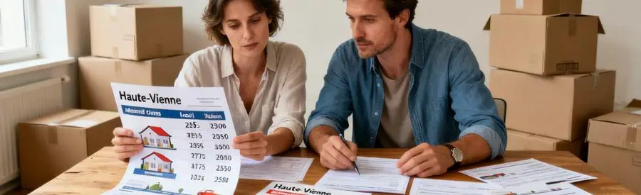Deux personnes comparant des documents sur les tarifs de déménagement en Haute-Vienne.