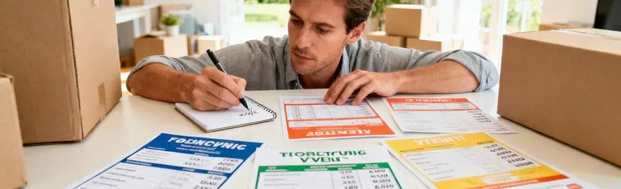 Personne comparant plusieurs offres de déménagement dans un environnement organisé et lumineux.