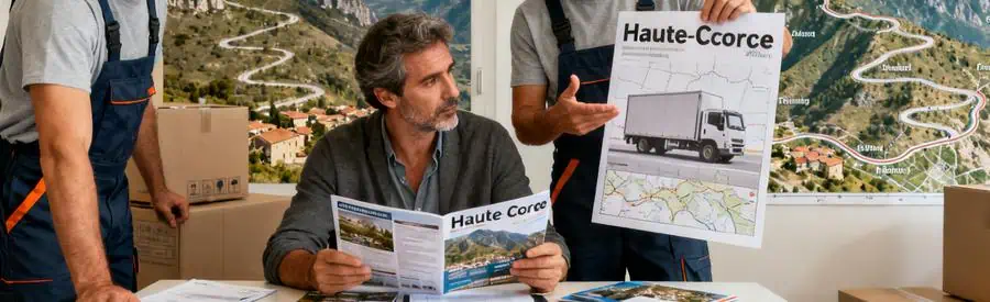 Client examinant plusieurs offres de déménagement avec deux professionnels, mettant en avant la logistique spécifique à la Haute-Corse.