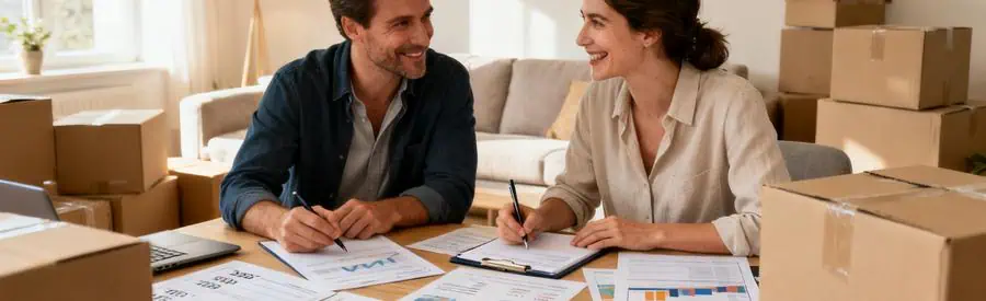 Comparaison Offres Demenagement Joue Les Tours Deux personnes comparant différentes options de déménagement, entourées de documents dans un salon.